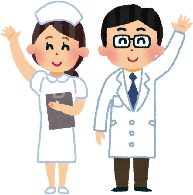 Illustration of Smiling Doctor and Nurse Waving Goodbye